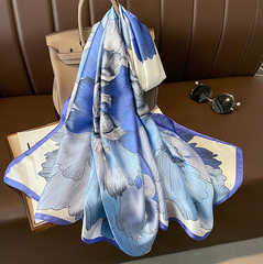 LA FERANI 180x90 Silk Scarf Blue Beige Asian Style Silk Stole Foulard Shawl N338