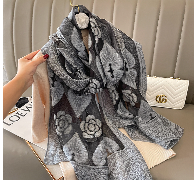 LA FERANI 180x90 Silk Scarf Transparent Grey Business  Silk Stole Foulard Shawl N339
