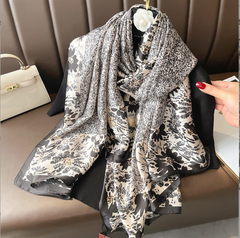 LA FERANI 180x90 Silk Scarf Transparent Beige Black Vintage Silk Stole Foulard Shawl N340