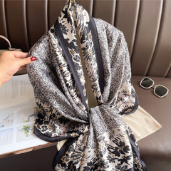 LA FERANI 180x90 Silk Scarf Transparent Beige Black Vintage Silk Stole Foulard Shawl N340