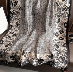 LA FERANI 180x90 Silk Scarf Transparent Beige Black Vintage Silk Stole Foulard Shawl N340