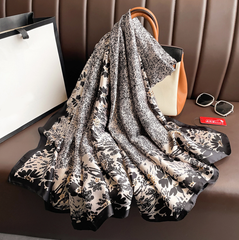 LA FERANI 180x90 Silk Scarf Transparent Beige Black Vintage Silk Stole Foulard Shawl N340