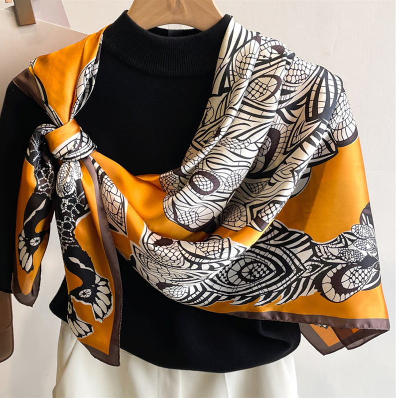 LA FERANI 110x110 Silk Scarf Art Style Orange White Stole Shawl Foulard N344