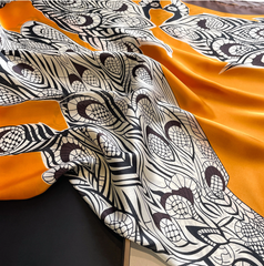 LA FERANI 110x110 Silk Scarf Art Style Orange White Stole Shawl Foulard N344