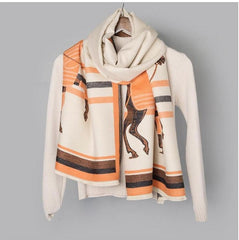 LA FERANI Cashmere Scarf 180x65 Orange Horse Print Wool Shawl Wrap Stole Pashmina N99
