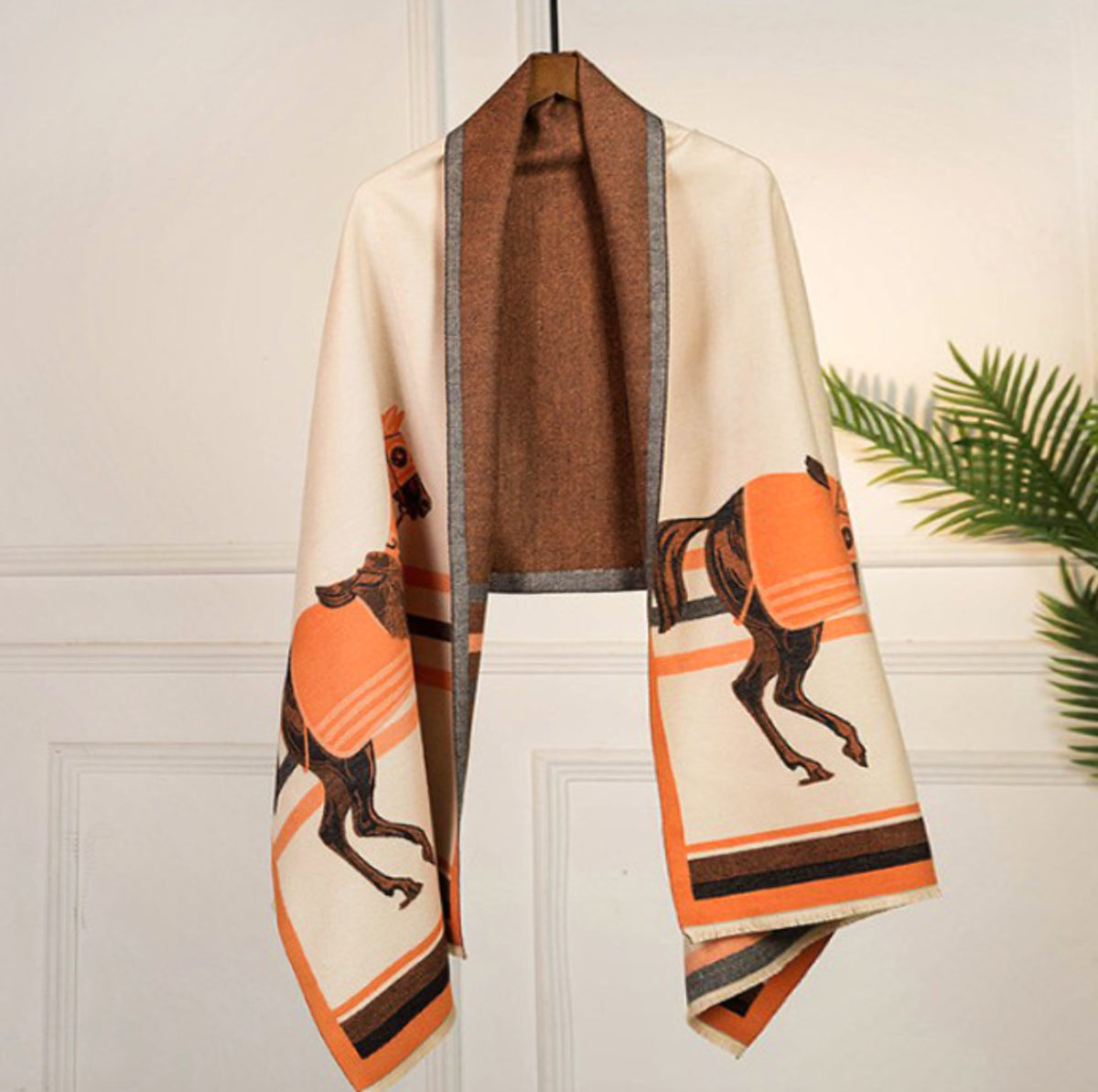 LA FERANI Cashmere Scarf 180x65 Orange Horse Print Wool Shawl Wrap Stole Pashmina N99