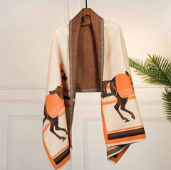 LA FERANI Cashmere Scarf 180x65 Orange Horse Print Wool Shawl Wrap Stole Pashmina N99