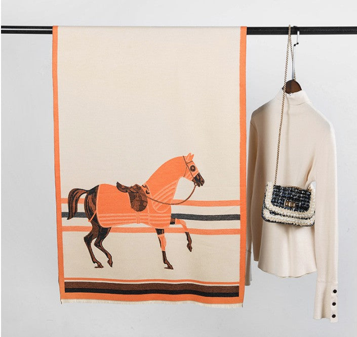 LA FERANI Cashmere Scarf 180x65 Orange Horse Print Wool Shawl Wrap Stole Pashmina N99