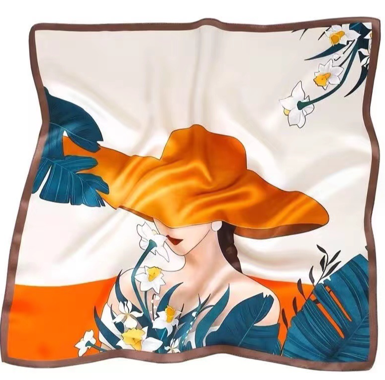 LA FERANI 70x70 Silk Scarf Beige Colourful Art Style Silk Stole Wrap Foulard NN11