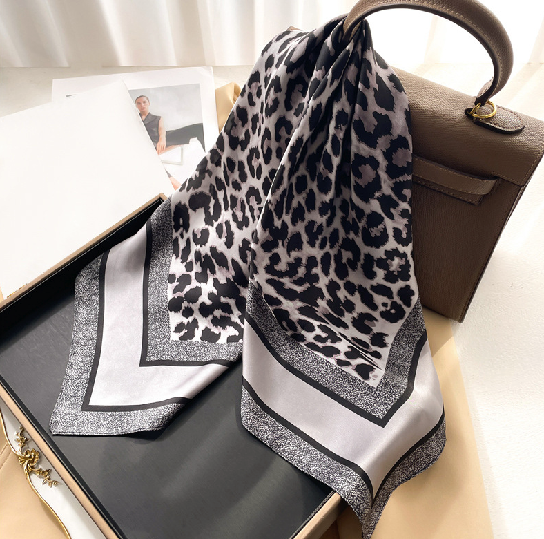 Silk Scarf 70x70cm Leopard Grey Business Style Silk Stole Wrap Foulard NN12