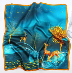 LA FERANI 90x90 Silk Scarf Turquoise Asian  Style Silk Stole Wrap Foulard NN6