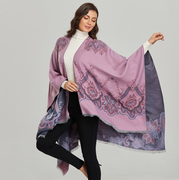 LA FERANI Poncho 150x130 Wool Cape Wrap Cloak Pink Purple both sides All Saisons P14