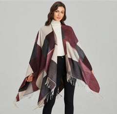 LA FERANI Poncho 150x130 Wool Cape Wrap Cloak purple beige All Saisons P2
