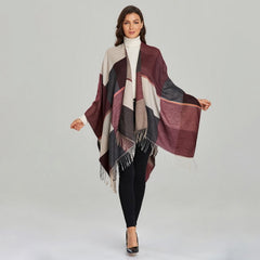 LA FERANI Poncho 150x130 Wool Cape Wrap Cloak purple beige All Saisons P2