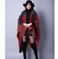 Poncho 150x130 Wool Cape Wrap Cloak Black Red Vintage Classic All Saisons P21