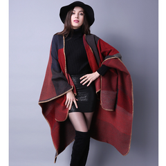 Poncho 150x130 Wool Cape Wrap Cloak Black Red Vintage Classic All Saisons P21