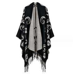 LA FERANI Poncho 150x130 Wool Cape Wrap Cloak Black Grey  Vintage Classic All Saisons P22