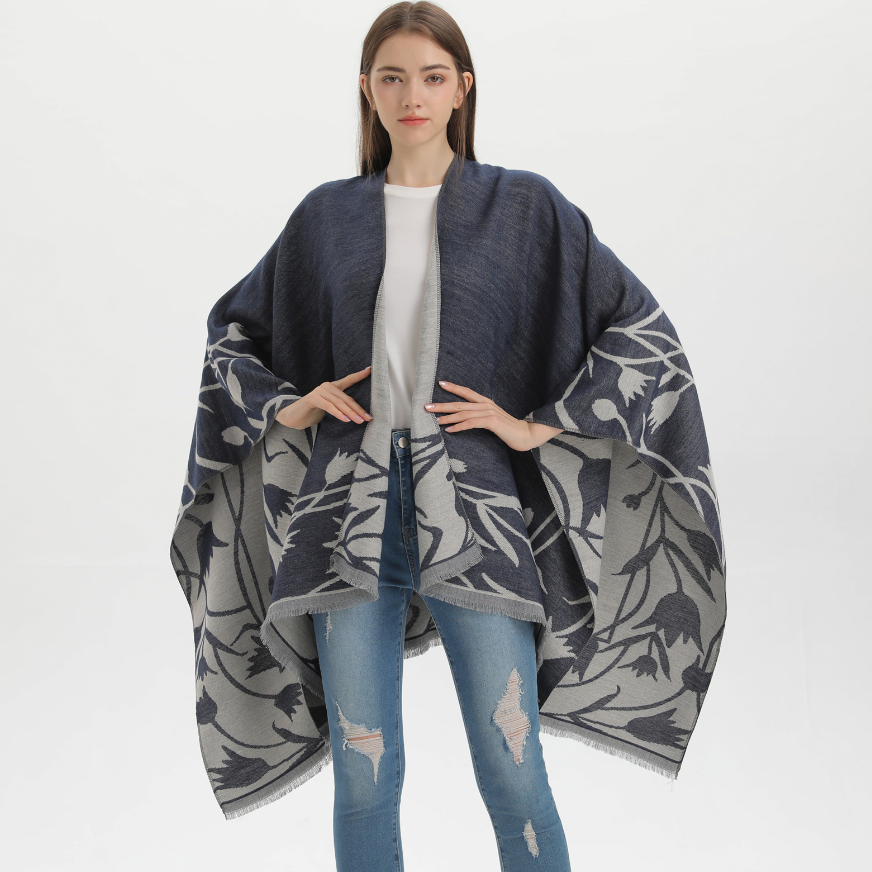 Poncho 150x130 Wool Cape Wrap Cloak Grey Dark Vintage Classic All Saisons P21