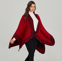 LA FERANI Poncho 150x130 Wool Cape Wrap Cloak red black both sides All Saisons P3