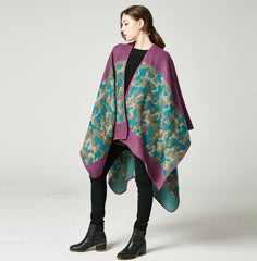 LA FERANI Poncho 150x130 Wool Cape Wrap Cloak purple green All Saisons P7
