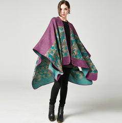 LA FERANI Poncho 150x130 Wool Cape Wrap Cloak purple green All Saisons P7