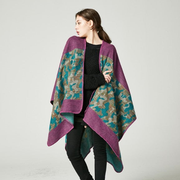 LA FERANI Poncho 150x130 Wool Cape Wrap Cloak purple green All Saisons P7