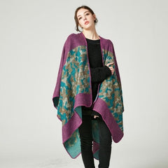 LA FERANI Poncho 150x130 Wool Cape Wrap Cloak purple green All Saisons P7