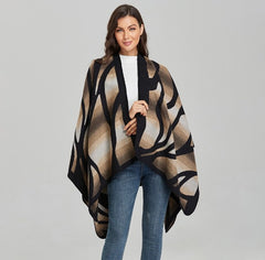 LA FERANI Poncho 150x130 Wool Cape Wrap Cloak Black Beige All Saisons P9