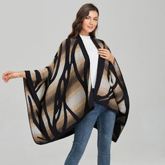 LA FERANI Poncho 150x130 Wool Cape Wrap Cloak Black Beige All Saisons P9