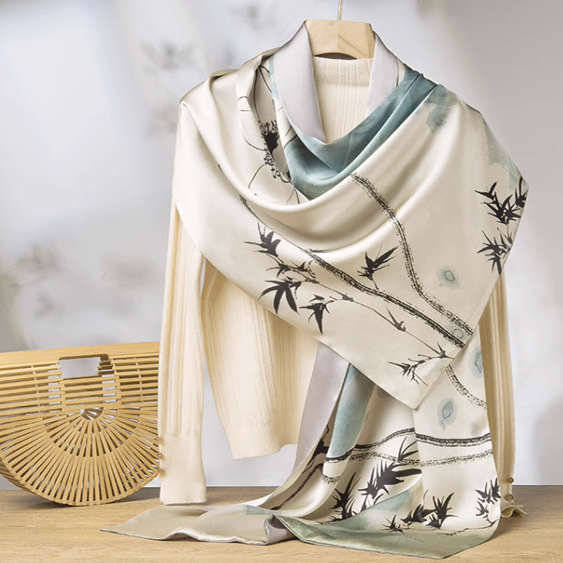 LA FERANI 130x130 Silk Scarf White Asian Style Silk Shawl Stole Wrap Foulard NN