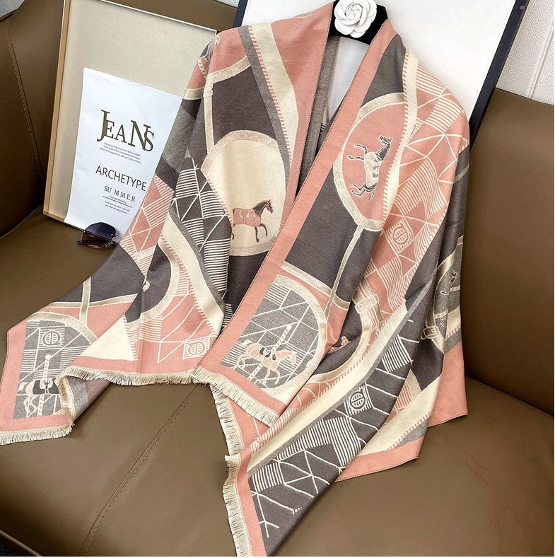 LA FERANI Cashmere Scarf 180x65 Beige Rose Horse Print  Shawl Wrap Stole Pashmina S16