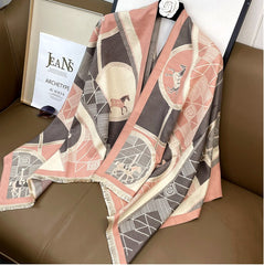LA FERANI Cashmere Scarf 180x65 Beige Rose Horse Print  Shawl Wrap Stole Pashmina S16