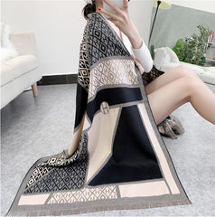 LA FERANI Cashmere Scarf 180x65 Black Beige Wool Shawl Wrap Stole Pashmina S20