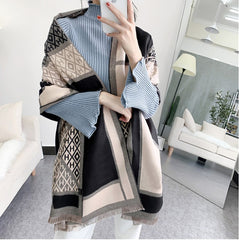 LA FERANI Cashmere Scarf 180x65 Black Beige Wool Shawl Wrap Stole Pashmina S20