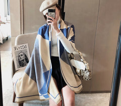 LA FERANI Cashmere Scarf 180x65 Blue Beige Wool Business Style Shawl Wrap Stole Pashmina S24