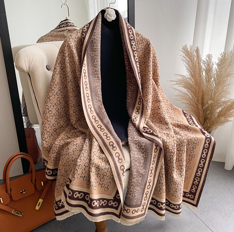 LA FERANI Cashmere Scarf 200x70 Beige Vintage Style Wool Shawl Wrap Pashmina S32