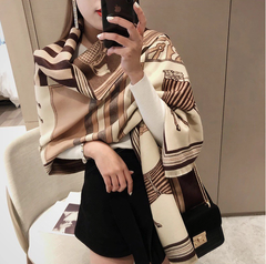 LA FERANI Cashmere Scarf 200x70 Beige Horse Print  Wool Shawl Wrap Pashmina S35