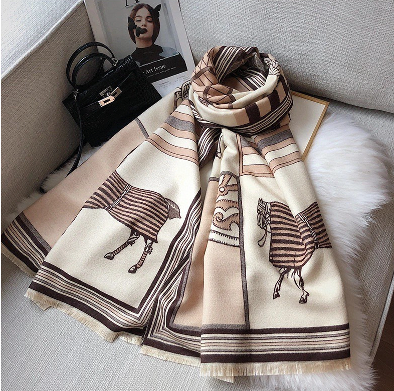 LA FERANI Cashmere Scarf 200x70 Beige Horse Print  Wool Shawl Wrap Pashmina S35