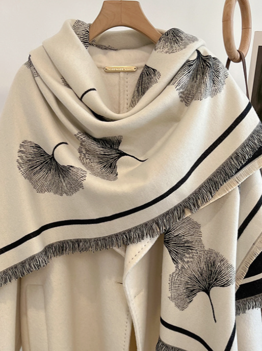 LA FERANI Cashmere Scarf 130x130 Black Beige Wool Blanket Shawl Wrap Pashmina S47