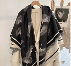 LA FERANI Cashmere Scarf 130x130 Black Beige Wool Blanket Shawl Wrap Pashmina S47