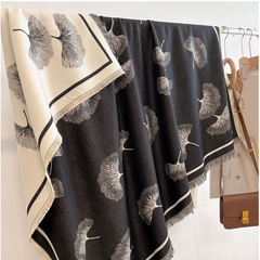 LA FERANI Cashmere Scarf 130x130 Black Beige Wool Blanket Shawl Wrap Pashmina S47