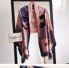 LA FERANI Cashmere Scarf 180x65 Turquoise Horse Print Wool Shawl Wrap Stole Pashmina S5