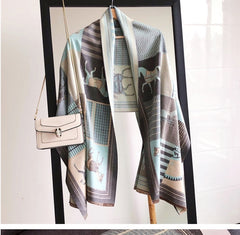 LA FERANI Cashmere Scarf 180x65 Turquoise Horse Print Wool Shawl Wrap Stole Pashmina S5
