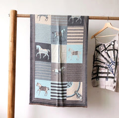 LA FERANI Cashmere Scarf 180x65 Turquoise Horse Print Wool Shawl Wrap Stole Pashmina S5