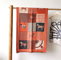 LA FERANI Cashmere Scarf 180x65 Orange Horse Print  Wool Shawl Wrap Stole Pashmina S5