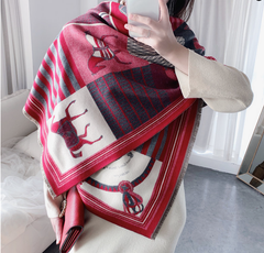 LA FERANI Cashmere Scarf 180x65 Turquoise Horse Print Wool Shawl Wrap Stole Pashmina S5