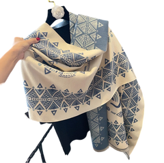 Cashmere Scarf 185x75 Blue Beige Animal Wool Asian Style Shawl Wrap Pashmina S55