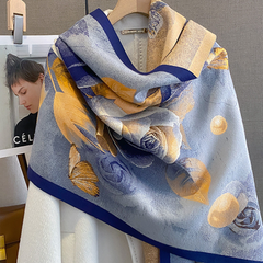 Cashmere Scarf 180x70 Blue Art Deco Wool Classic Style Shawl Wrap Pashmina S59