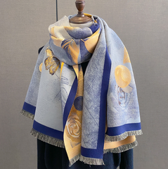 Cashmere Scarf 180x70 Blue Art Deco Wool Classic Style Shawl Wrap Pashmina S59