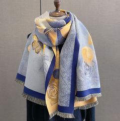 LA FERANI Cashmere Scarf 180x70 Blue Art Deco Wool Classic Style Shawl Wrap Pashmina S59